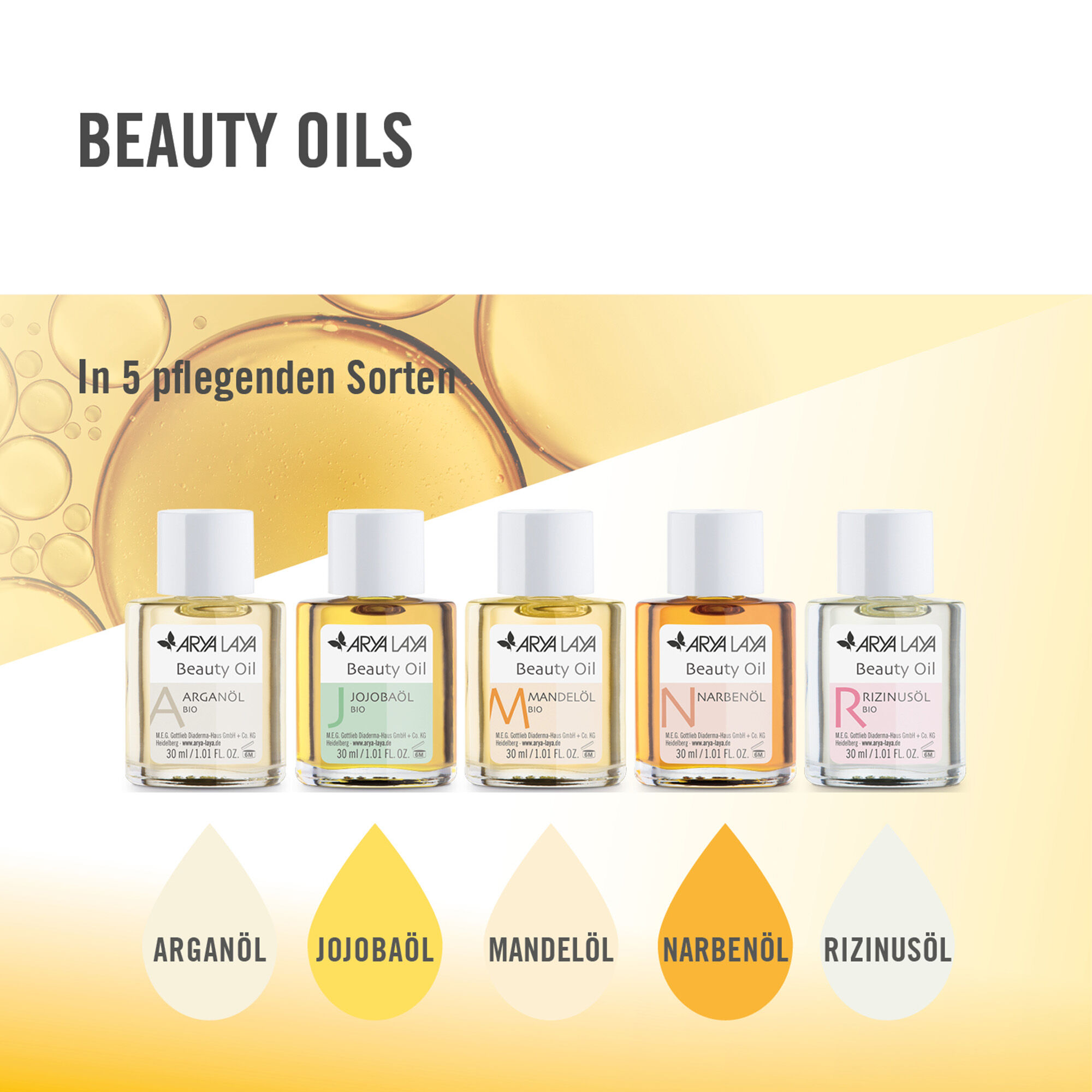 ARYA Beauty Oil in 6 verschiedenen Sorten: Argan, Rizinus, Mandel, Jojoba, Narben, Hanf