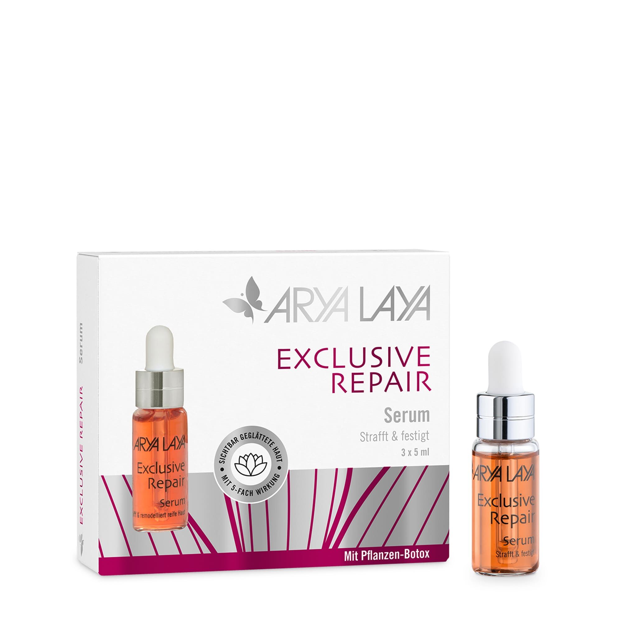 Glasfläschchen und Faltschachtel mit ARYA LAYA Exclusive Repair Serum, 3x5 ml
