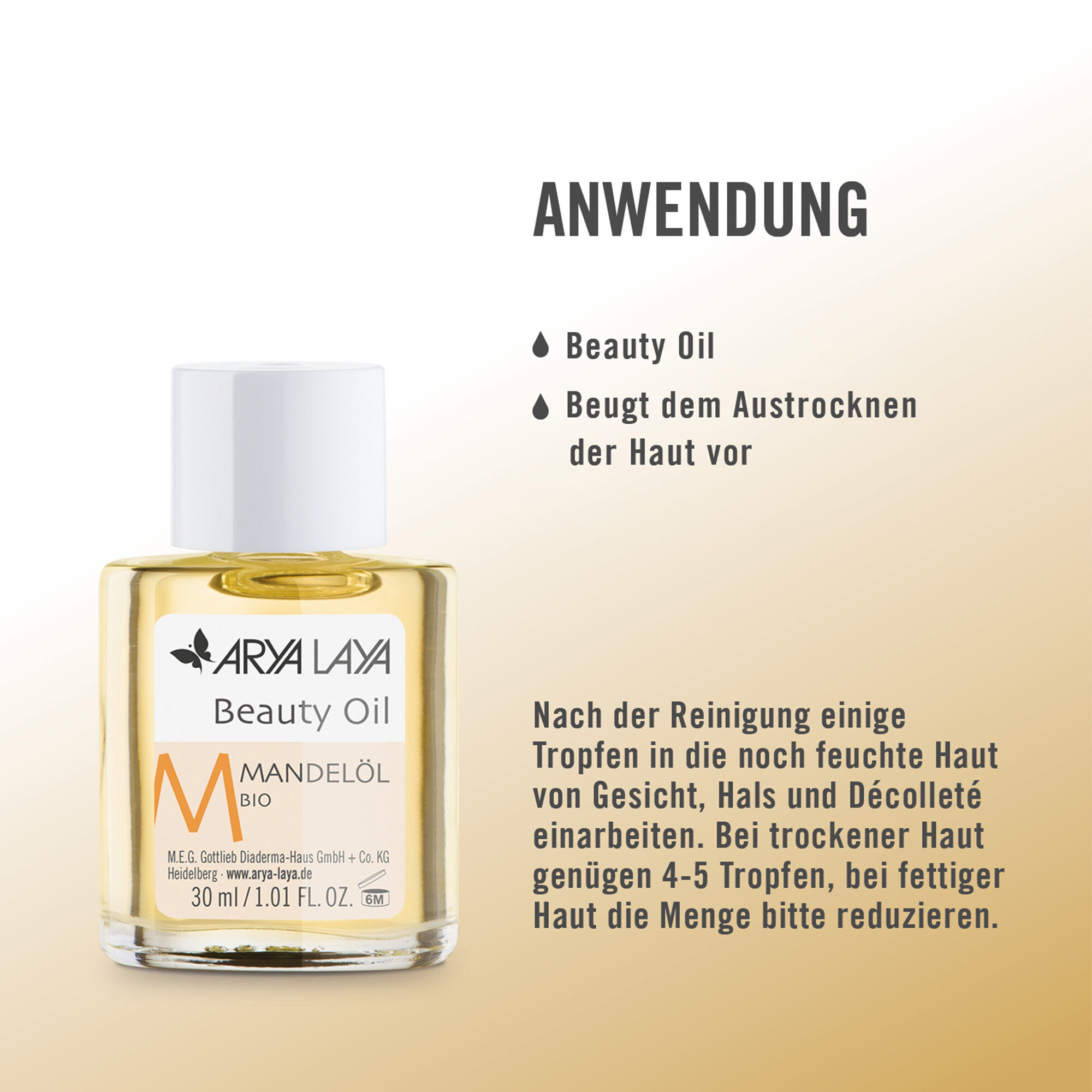 Anwendung ARYA LAYA Beauty Oil Mandelöl bio, 30 ml