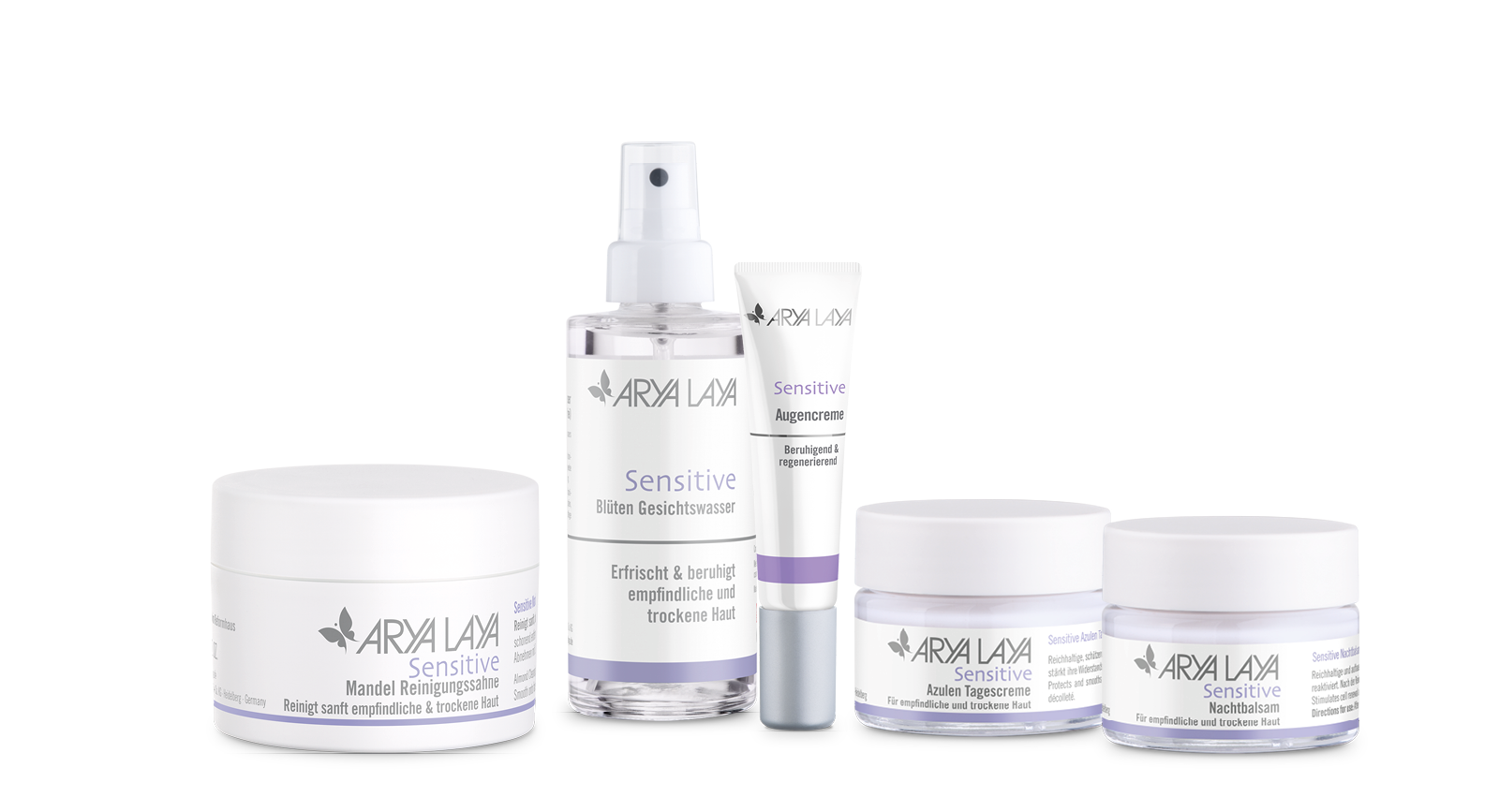 Produktübersicht der ARYA LAYA Pflegeserie Sensitive