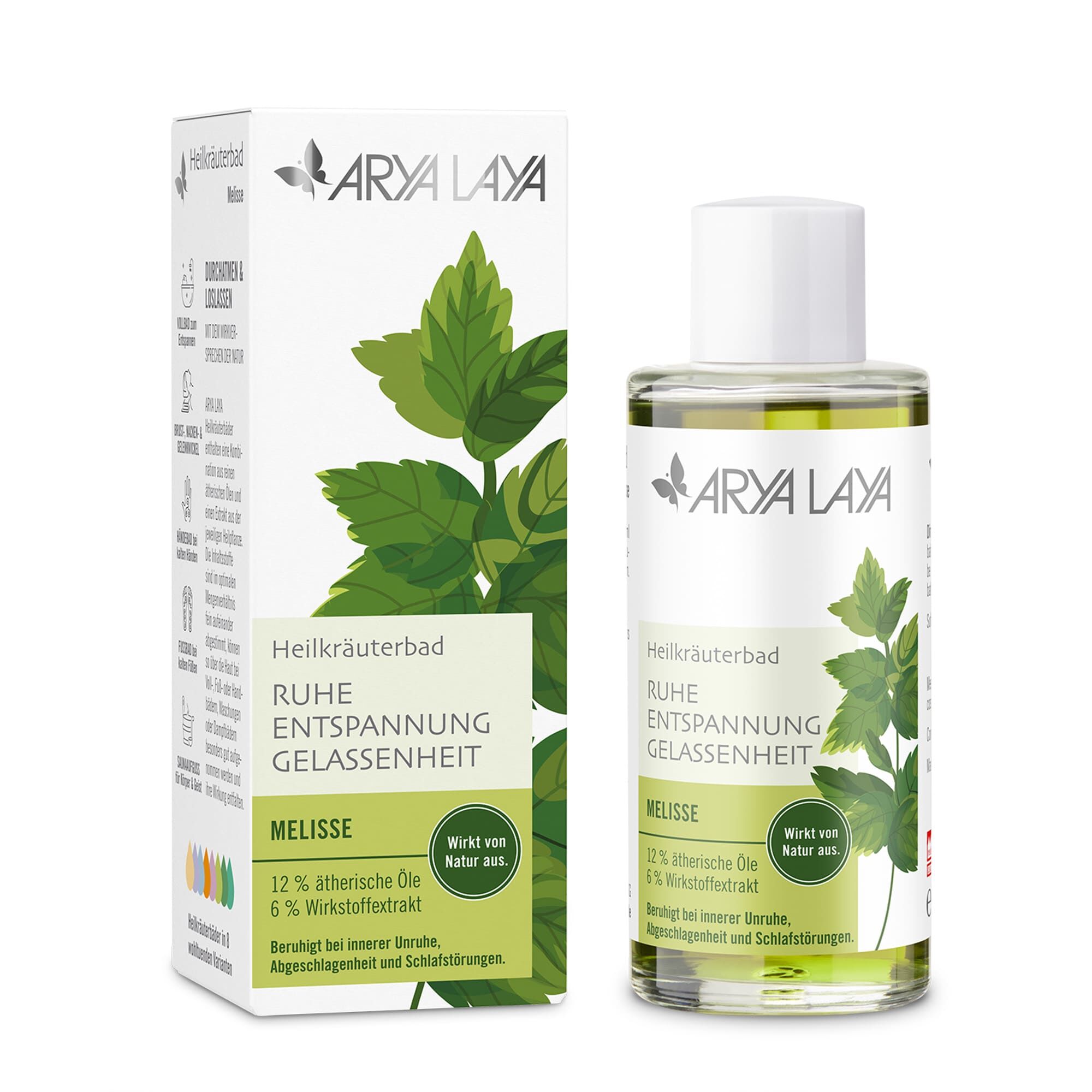 Glasflasche und Faltschachtel mit ARYA LAYA Heilkräuterbad Melisse - Ruhe, 100 ml