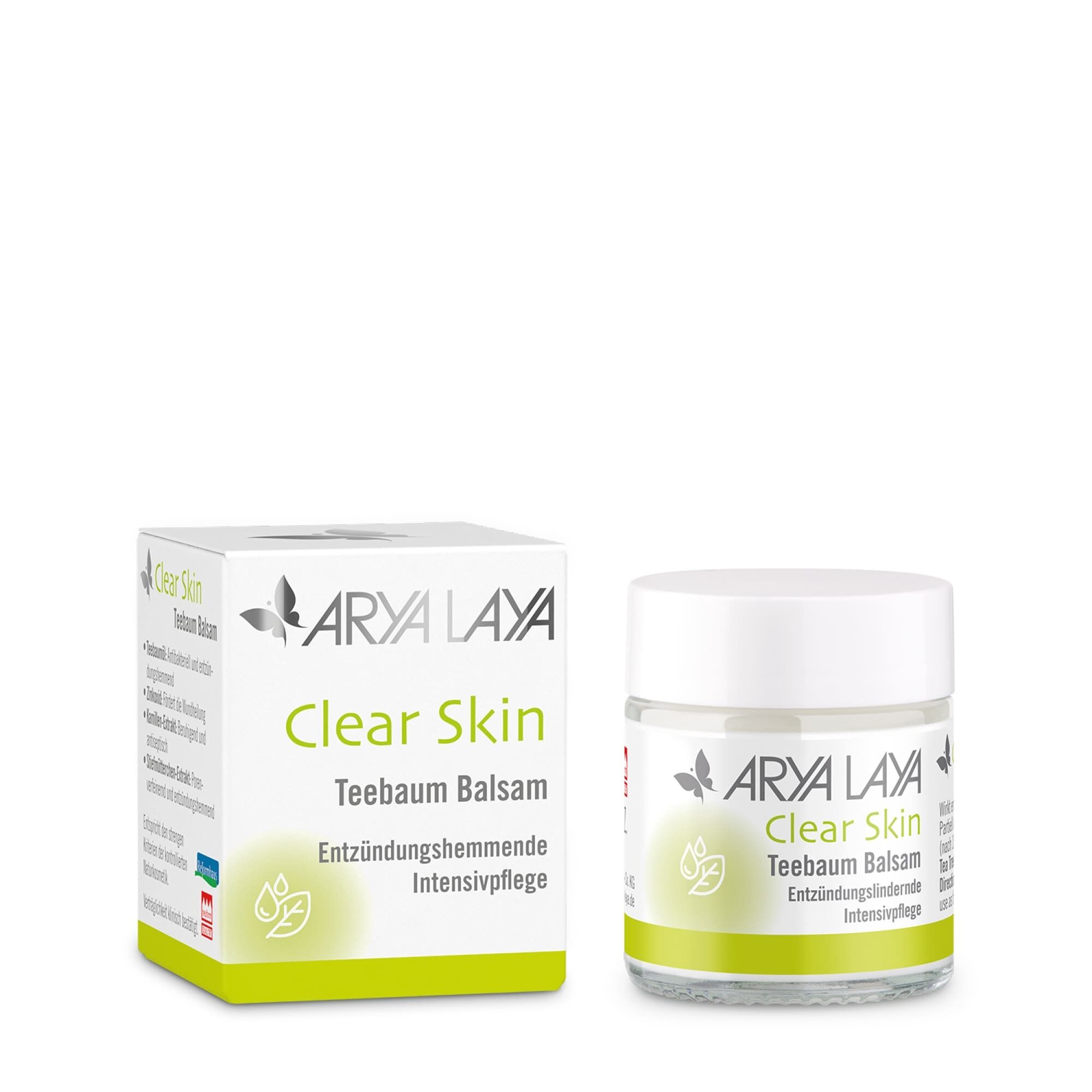 Glastiegel und Faltschachtel mit ARYA LAYA Clear Skin Teebaum Balsam, 20 ml