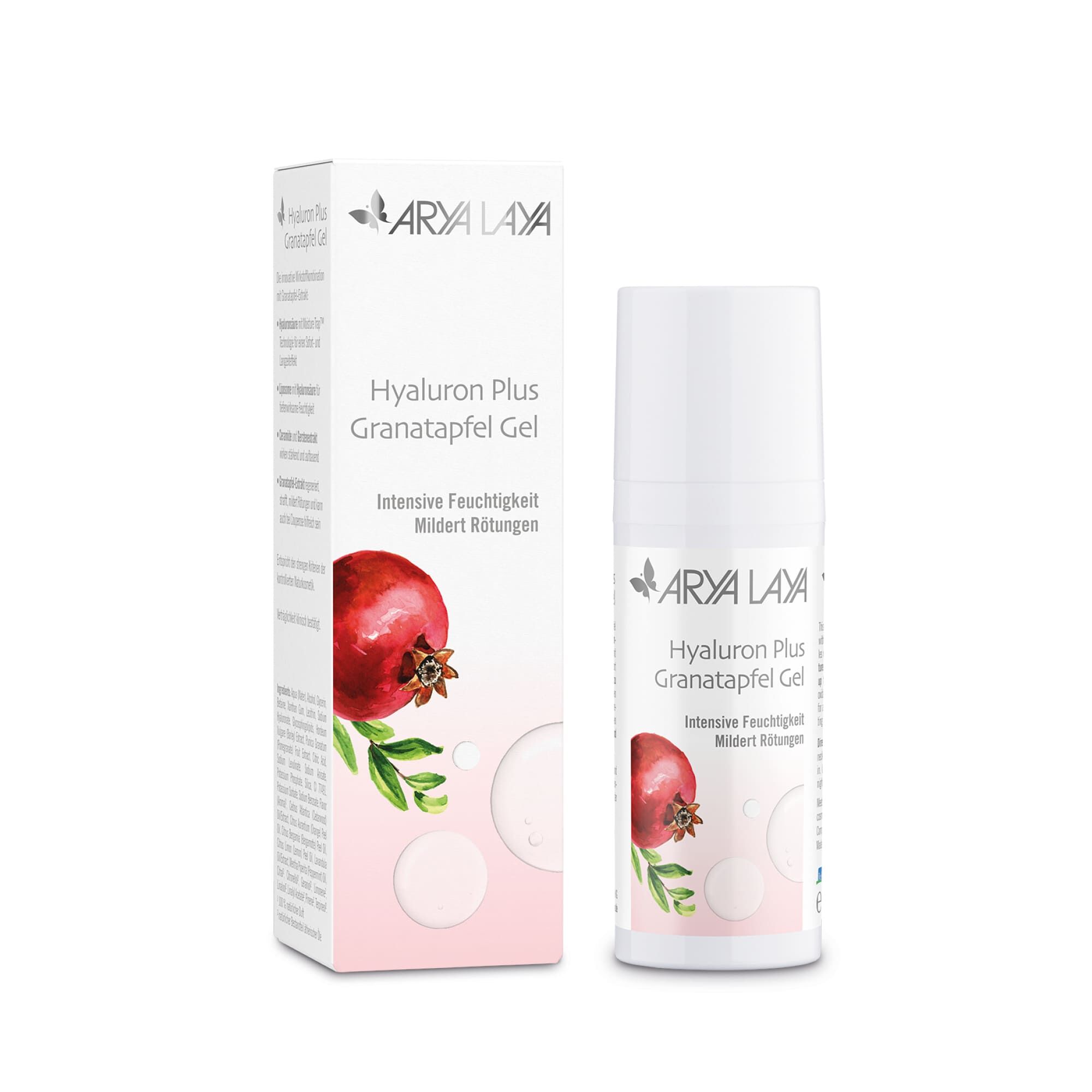Airless-Spender und Faltschachtel mit ARYA LAYA Hyaluron Plus Gel mit Granatapfel, 50 ml