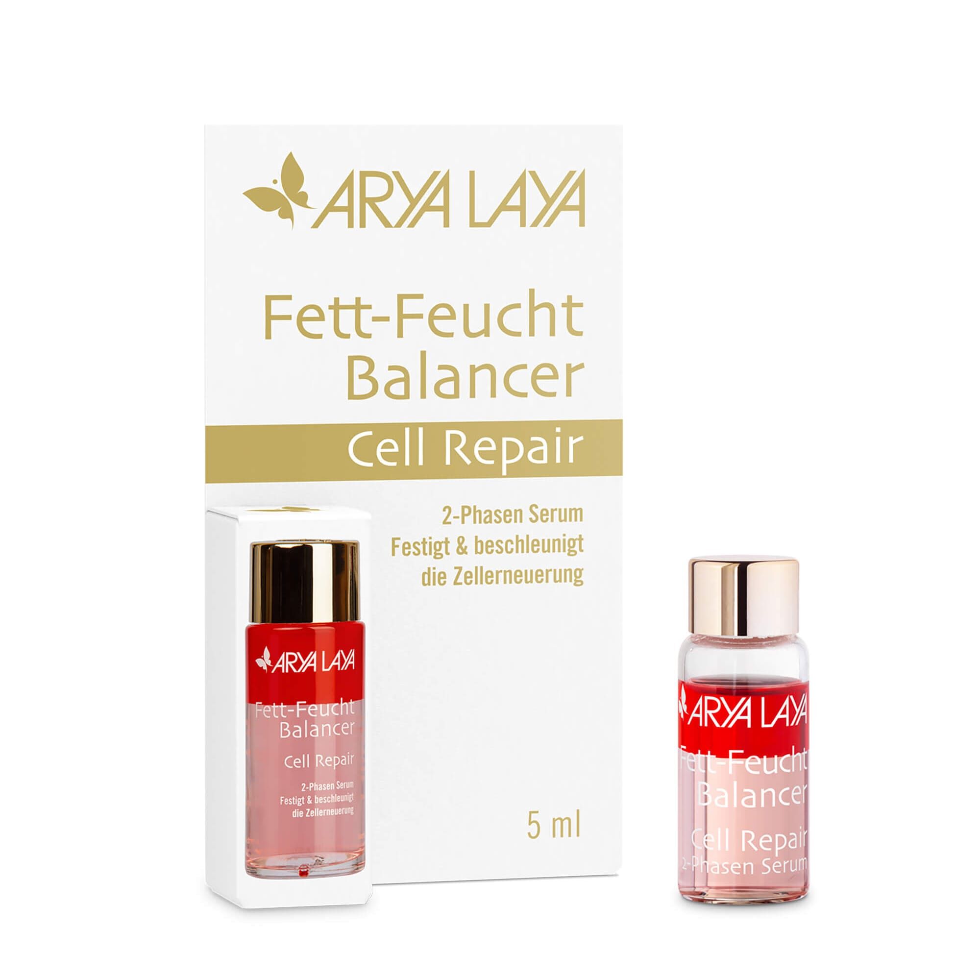Glasfläschchen und Faltschachtel mit ARYA LAYA Fett-Feucht Balancer Cell Repair Probiergröße, 5 ml
