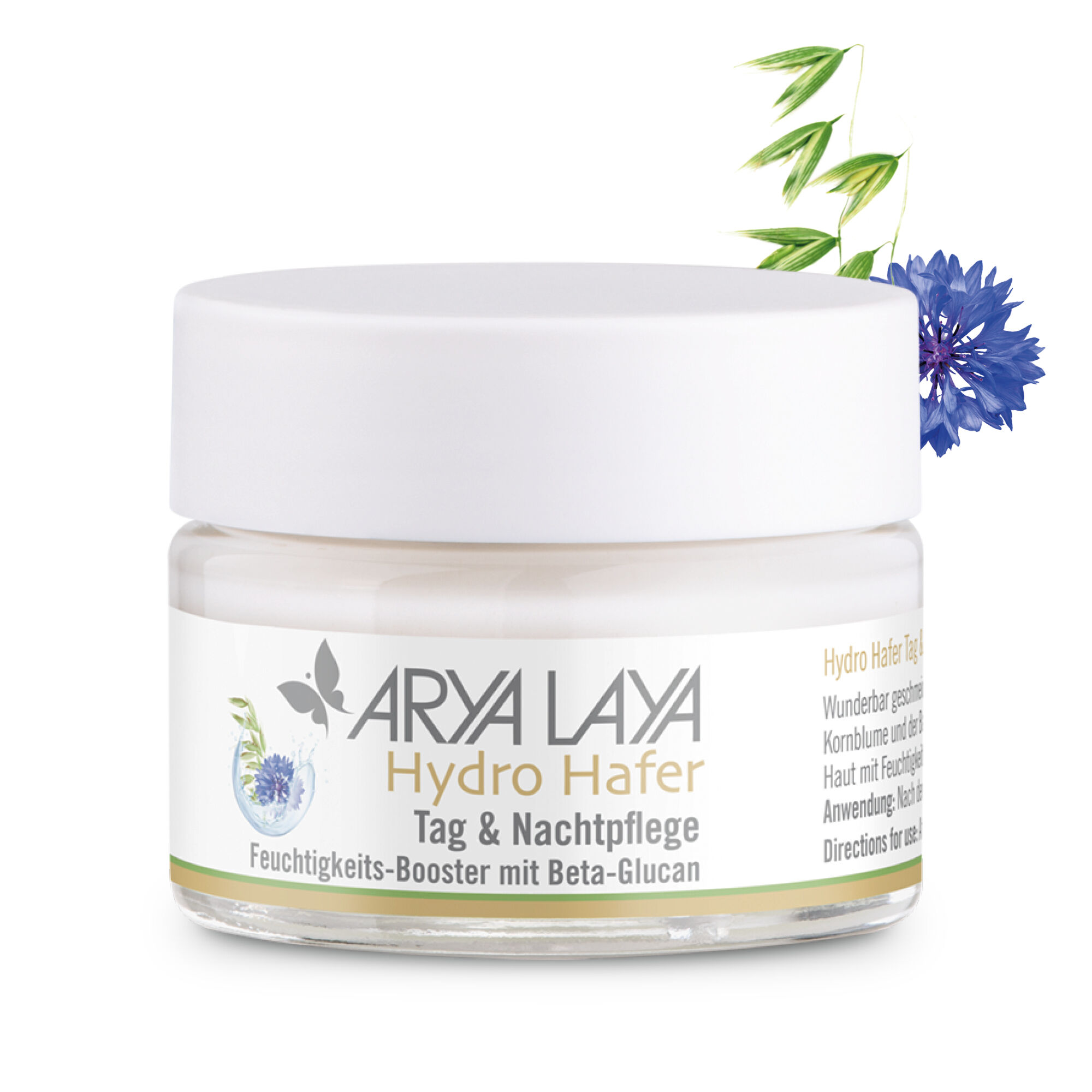 Glastiegel mit ARYA LAYA Hydro Hafer Tag und Nachtpflege, 50 ml