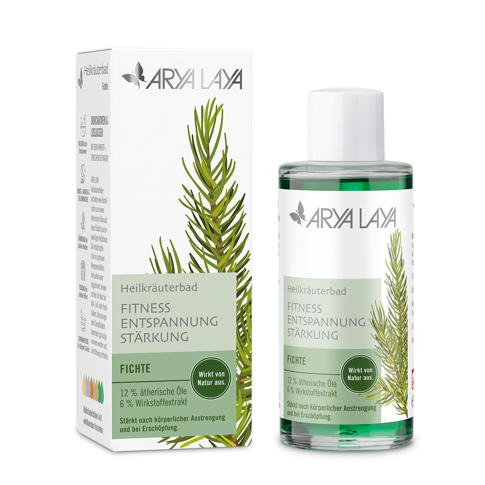 Glasflasche und Faltschachtel mit ARYA LAYA Heilkräuterbad Fichte - Stärkung, 100 ml