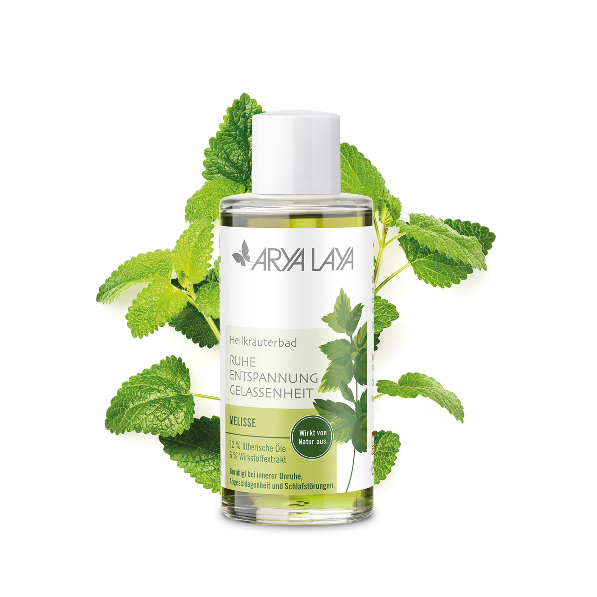 Glasflasche mit ARYA LAYA Heilkräuterbad Melisse - Ruhe, 100 ml