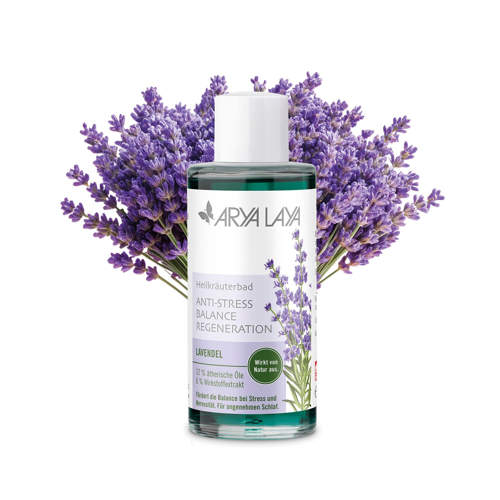 Glasflasche mit ARYA LAYA Heilkräuterbad Lavendel - Anti-Stress, 100 ml