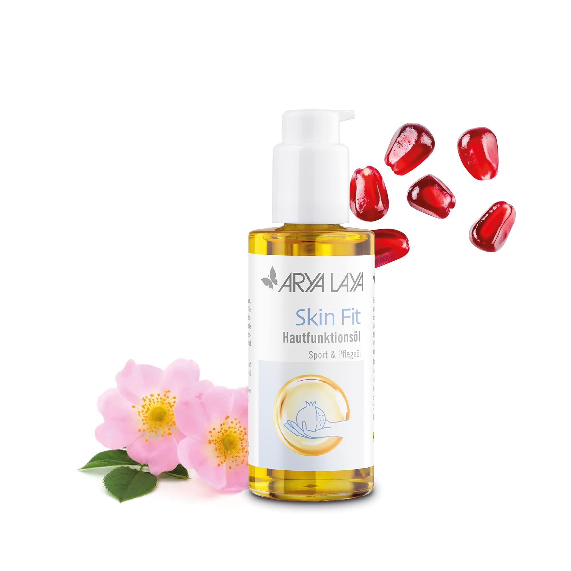Glasflasche mit ARYA LAYA Hautfunktionsöl Skin Fit Sport & Pflegeöl, 100 ml