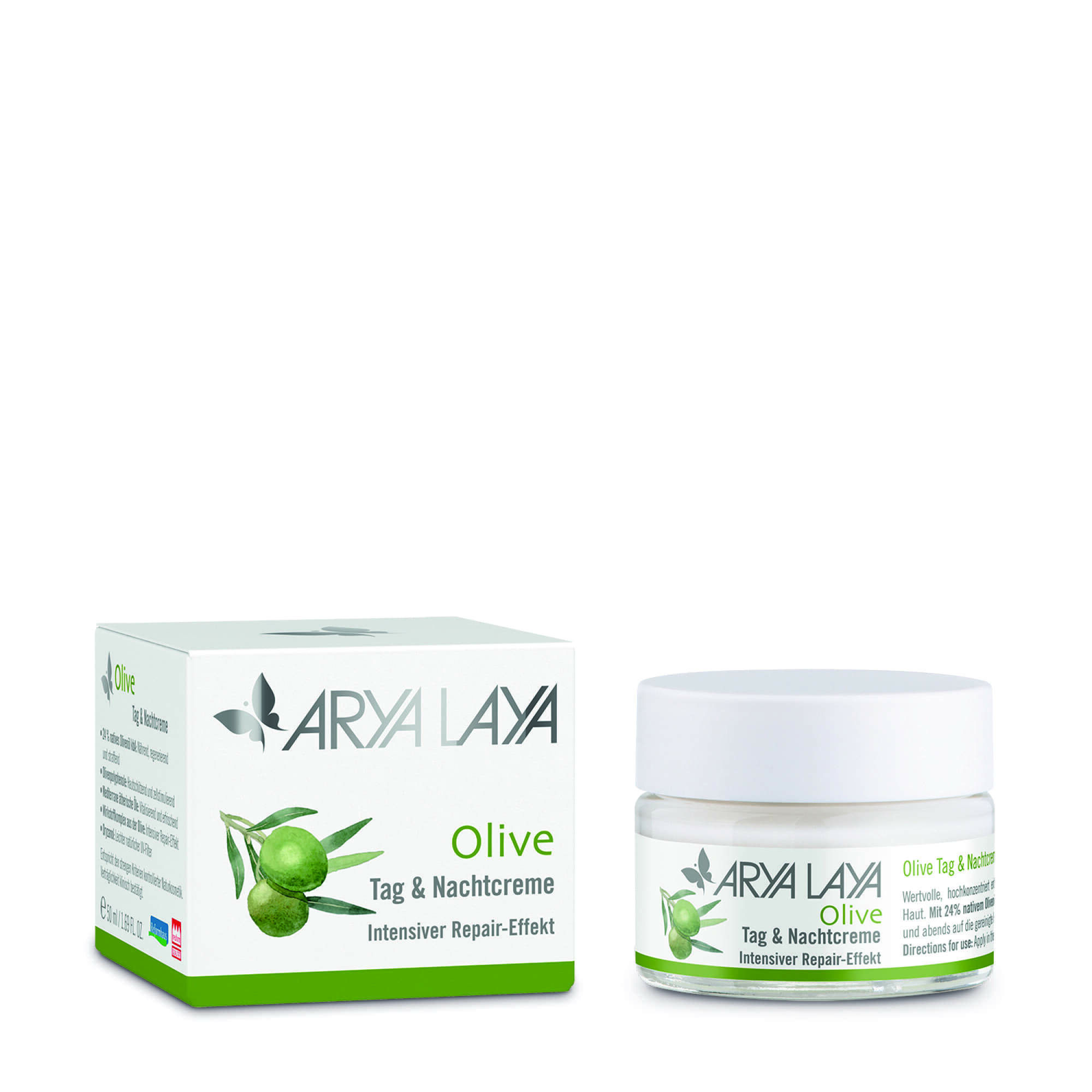Glastiegel und Faltschachtel mit ARYA LAYA Olive Tag und Nachtpflege, 50 ml