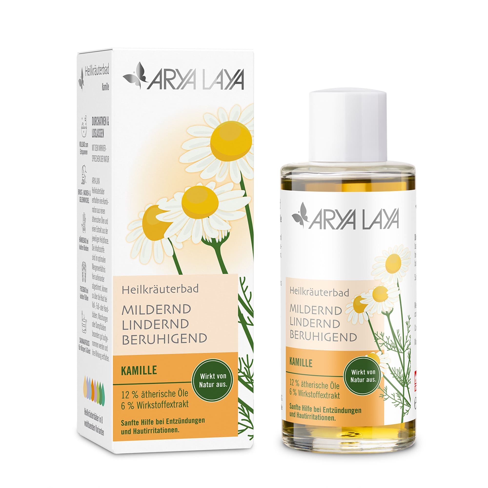 Glasflasche und Faltschachtel mit ARYA LAYA Heilkräuterbad Kamille- Lindernd, 100 ml