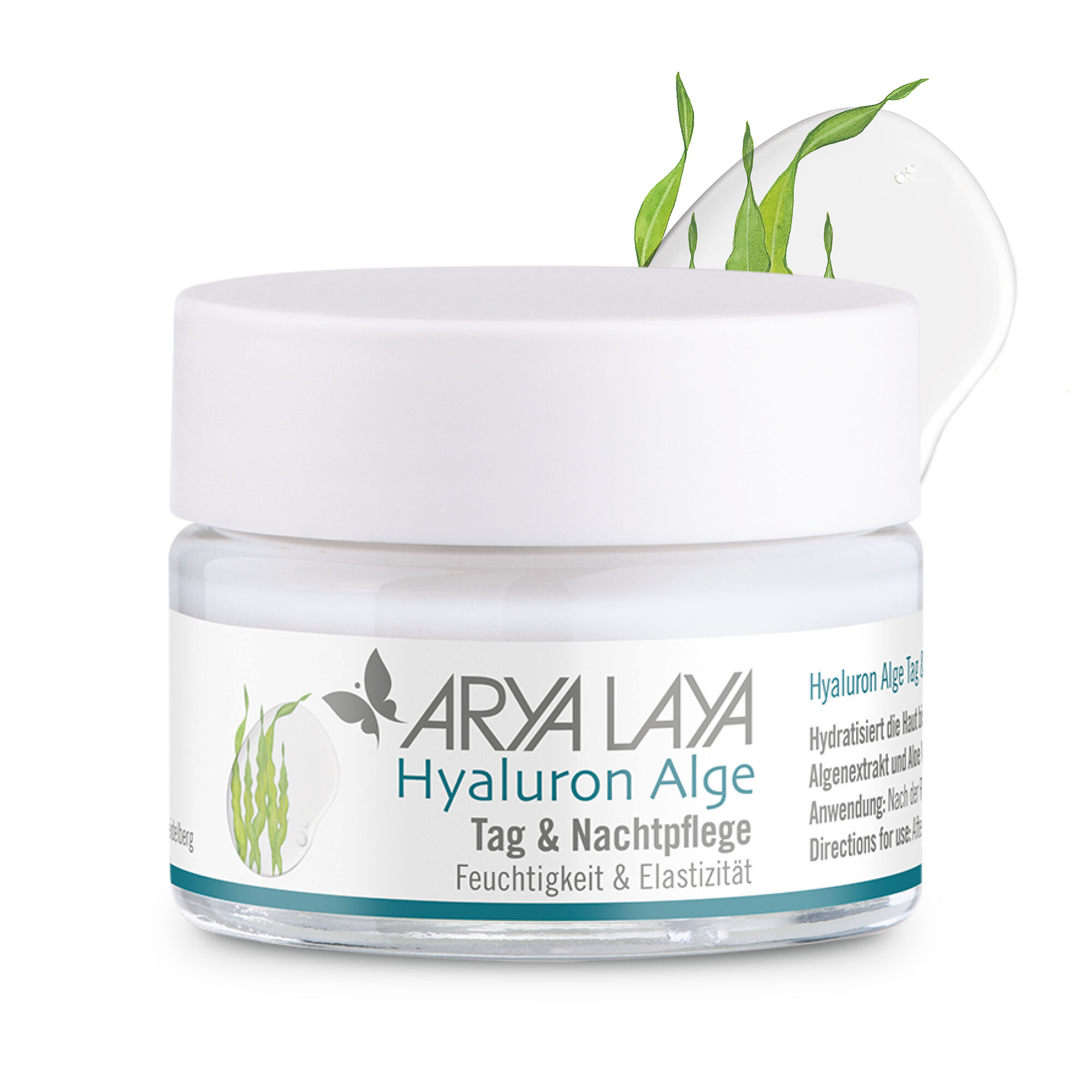 Glastiegel mit ARYA LAYA Hyaluron Alge Tag & Nachtpflege, 50 ml