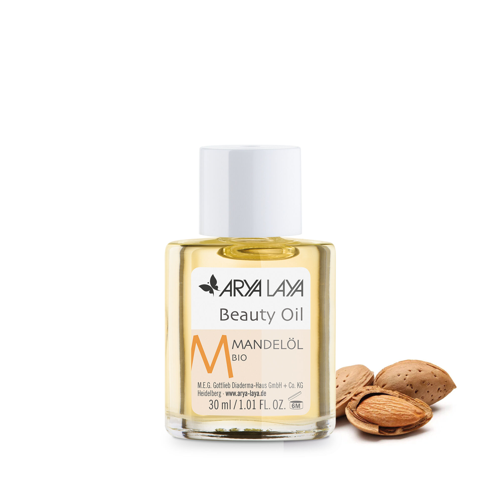 Glasfläschchen mit ARYA LAYA Beauty Oil Mandelöl bio, 30 ml