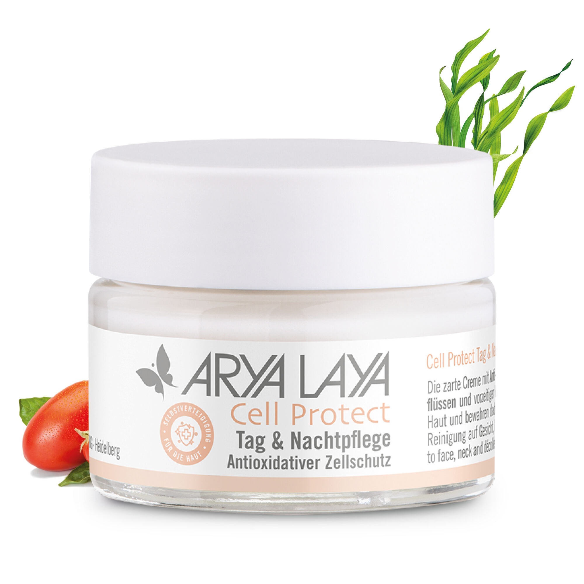 Glastiegel mit ARYA LAYA Cell Protect Tag & Nachtpflege, 50 ml