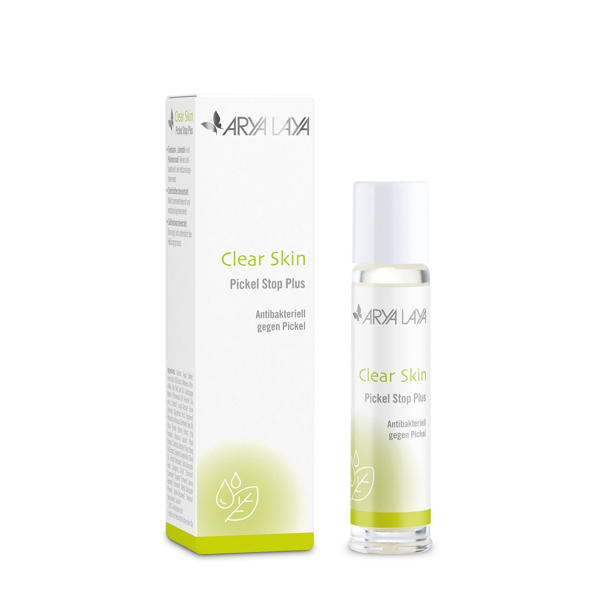 Glasfläschchen und Faltschachtel mit ARYA LAYA Clear Skin Pickel Stop Plus, 10 ml