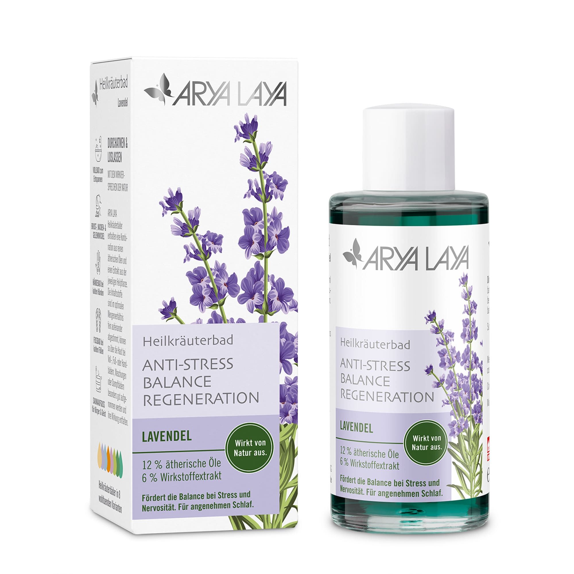 Glasflasche und Faltschachtel mit ARYA LAYA Heilkräuterbad Lavendel - Anti-Stress, 100 ml