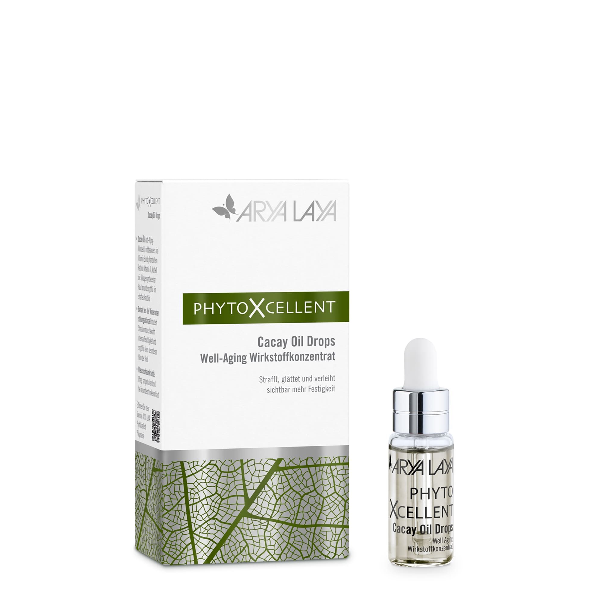 Glasfläschchen und Faltschachtel mit ARYA LAYA PhytoXcellent Cacay Oil Drops, 5 ml