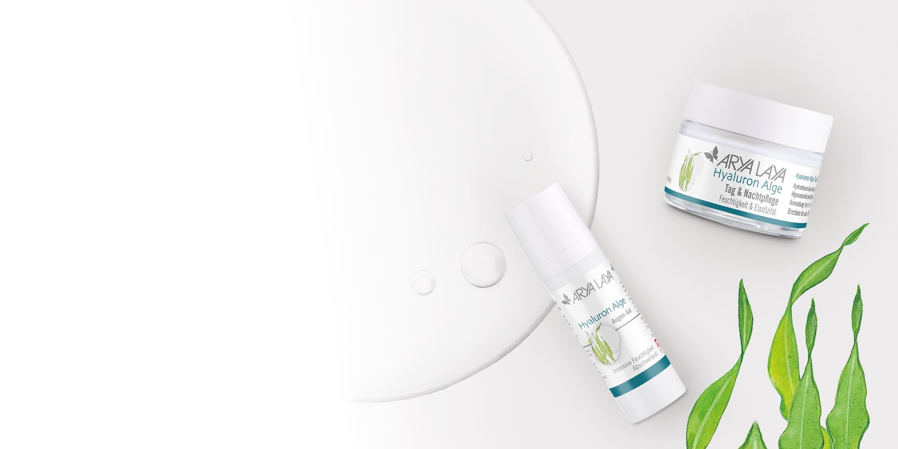 Hyaluron Alge Tag & Nachtpflege und das Augen-Gel aus der Pflegeserie Hyaluron Alge abgbildet zusammen mit den Wirkstoffen Allge und Hyaluron