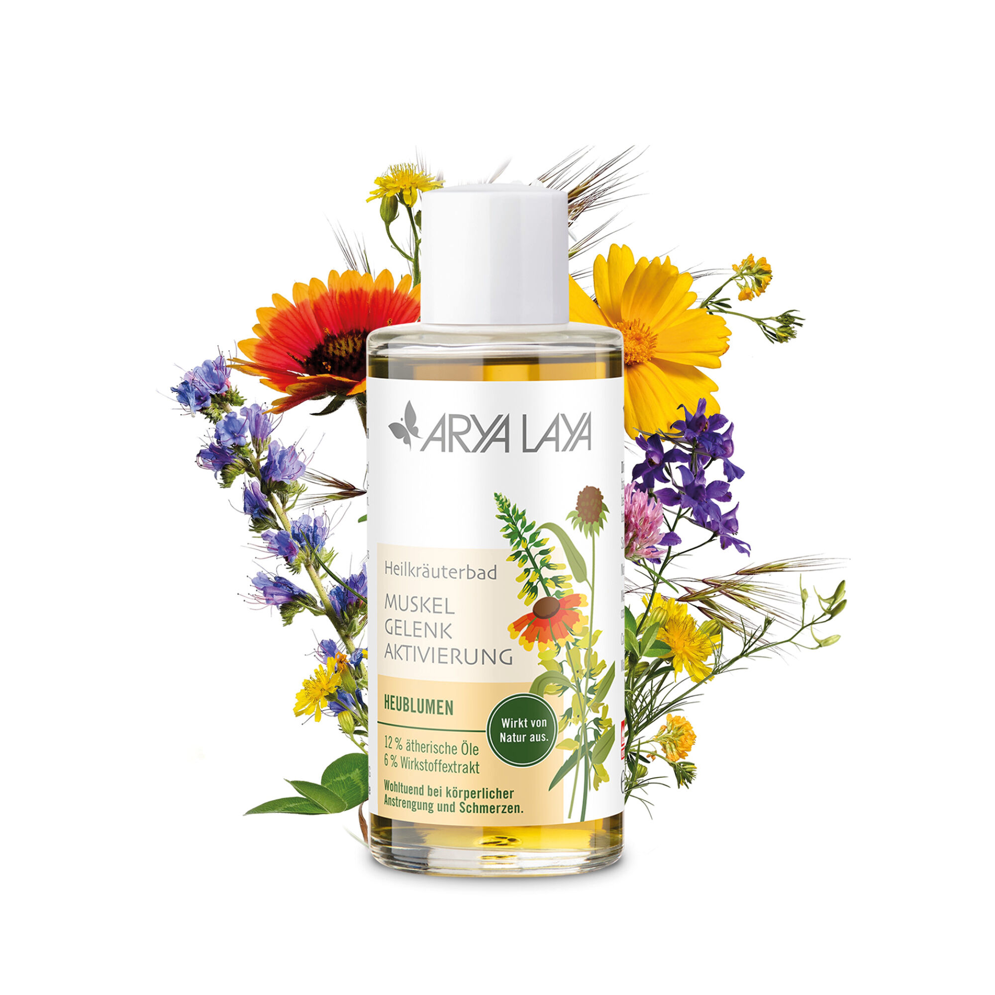 Glasflasche mit ARYA LAYA Heilkräuterbad Heublumen - Aktivierung, 100 ml
