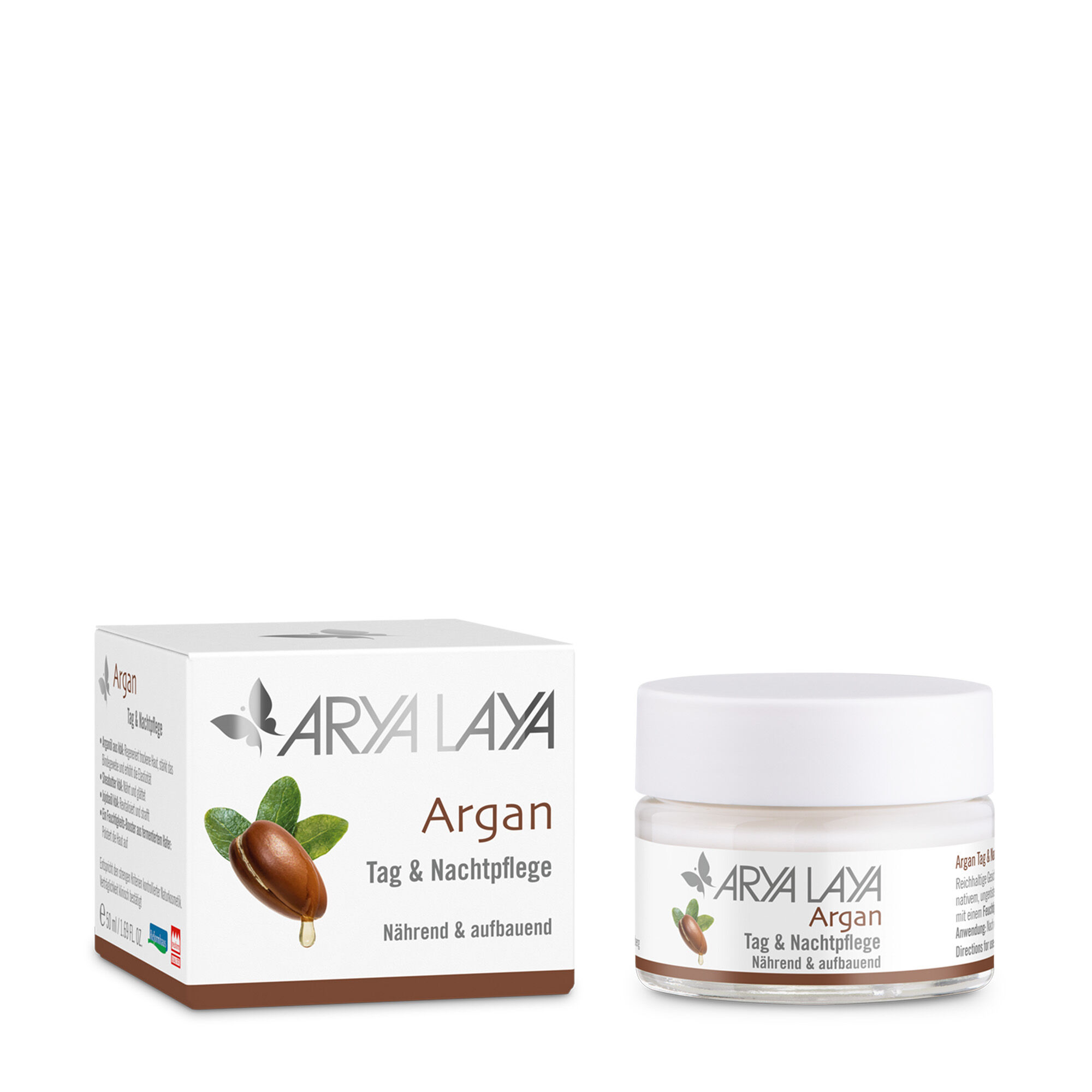 Glastiegel und Faltschachtel mit ARYA LAYA Argan Tag & Nachtpflege, 50 ml