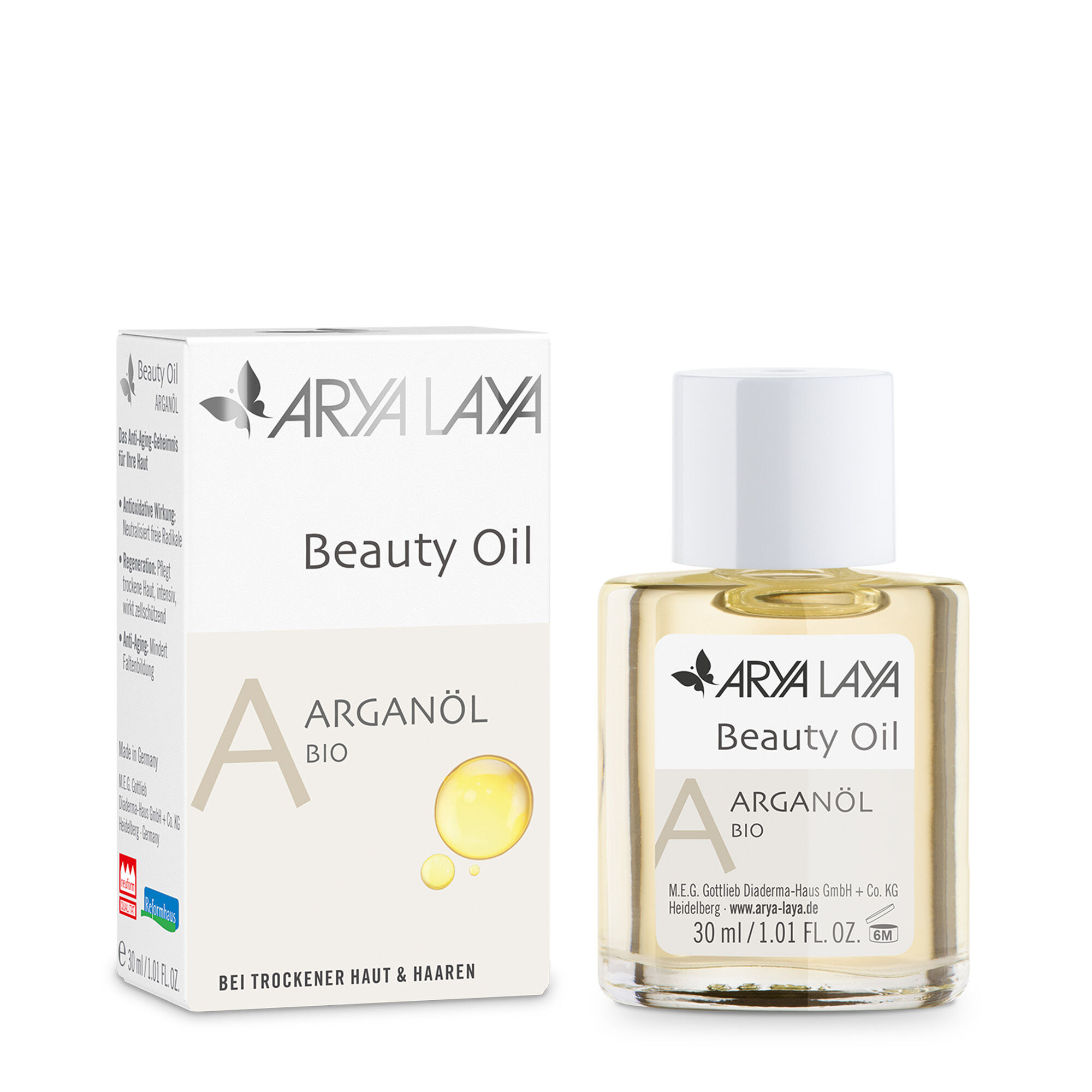 Glasfläschchen und Faltschachtel mit ARYA LAYA Beauty Oil Arganöl bio, 30 ml