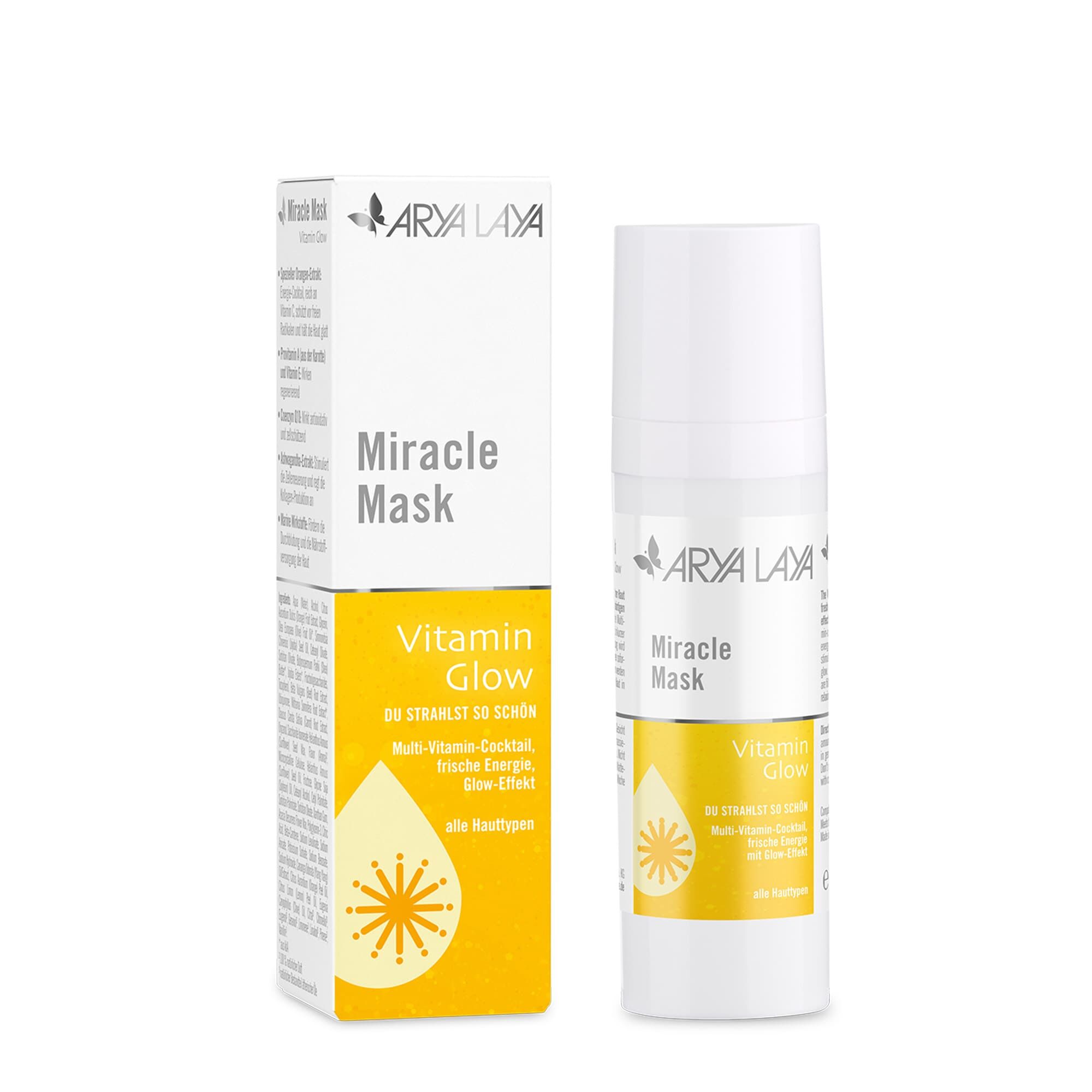 Airless-Spender und Faltschachtel mit ARYA LAYA Miracle Mask Vitamin Glow, 30 ml