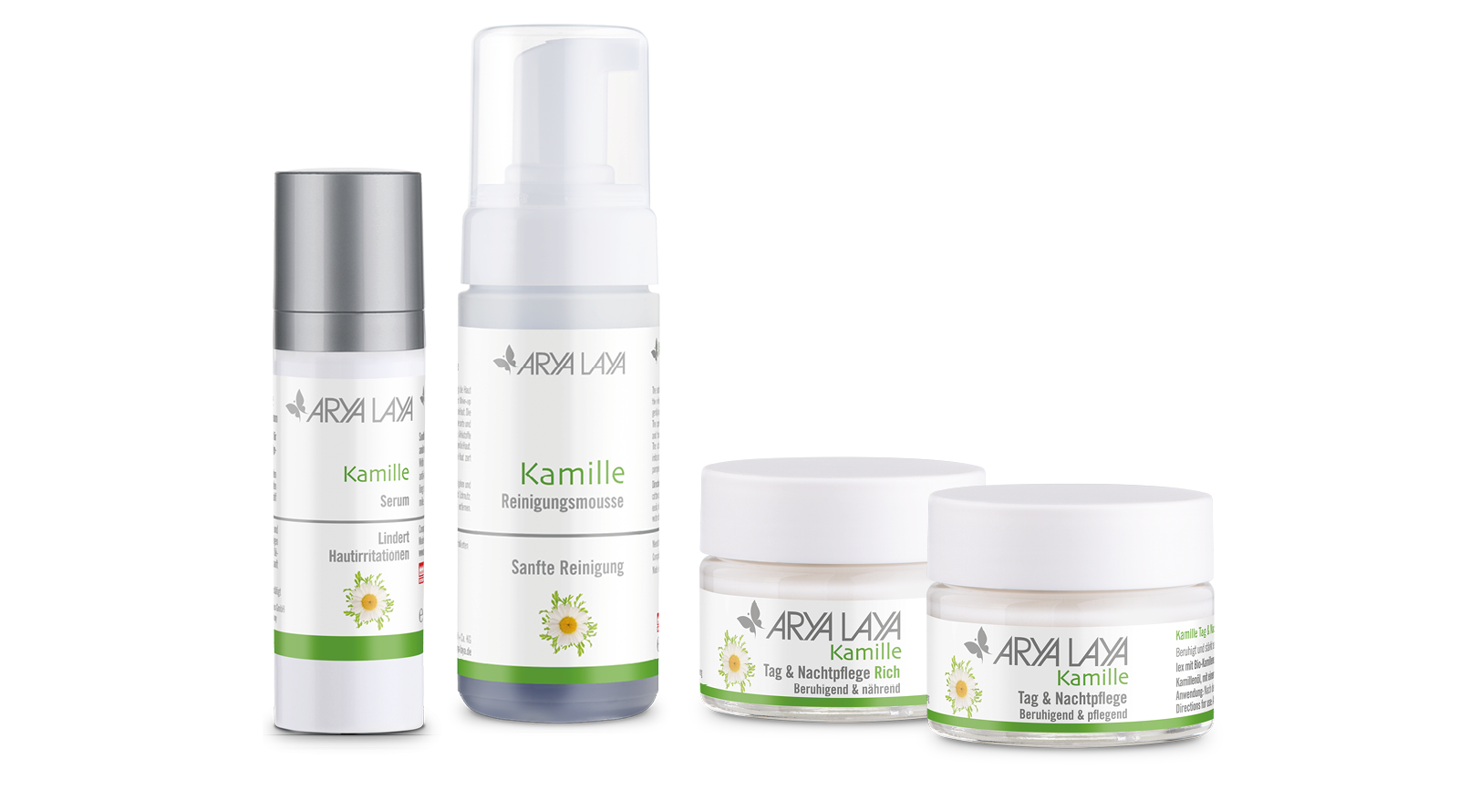 Produktübersicht der ARYA LAYA Pflegeserie Kamille