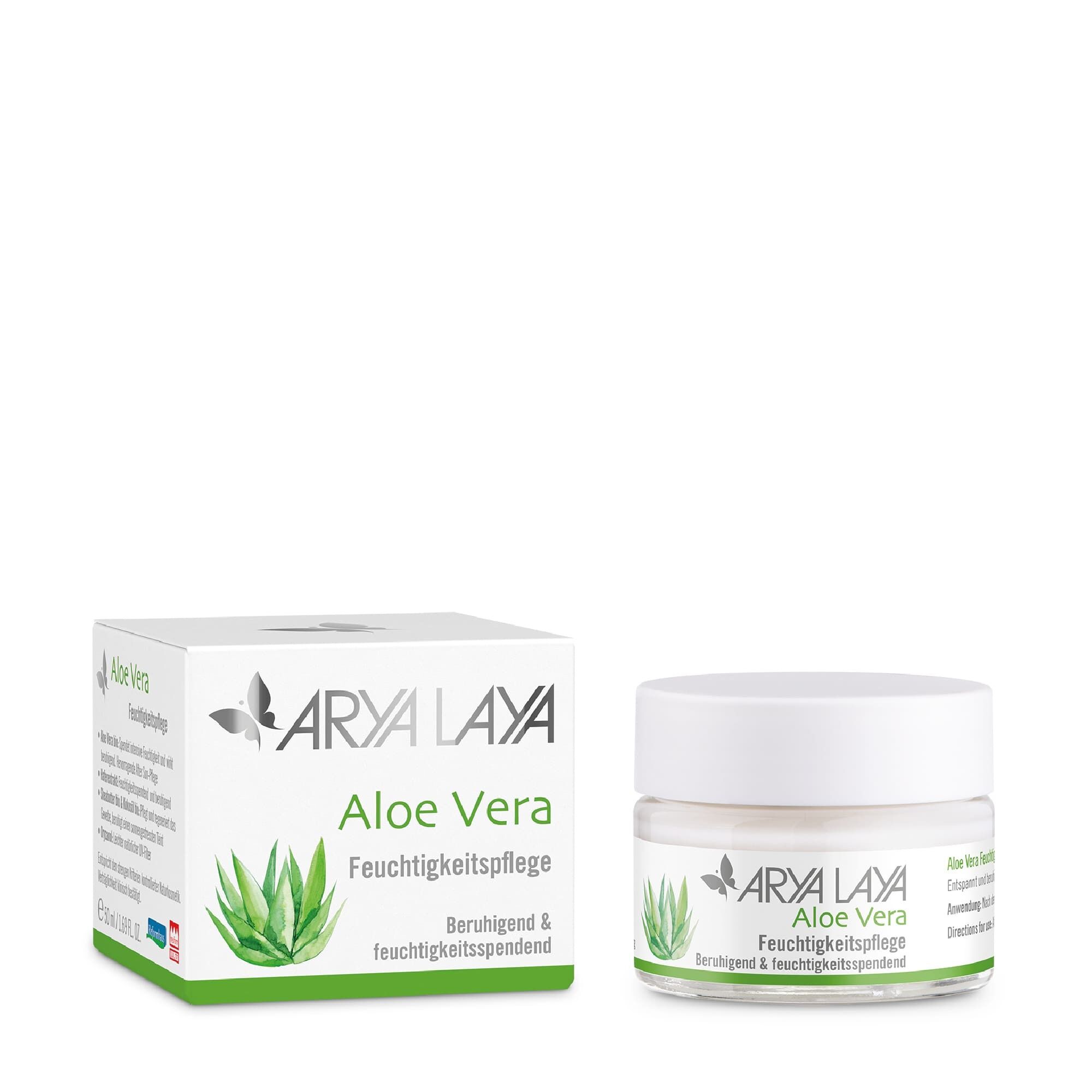 Faltschachtel und Tiegel mit der ARYA LAYA Aloe Vera Feuchtigkeitspflege, 50 ml