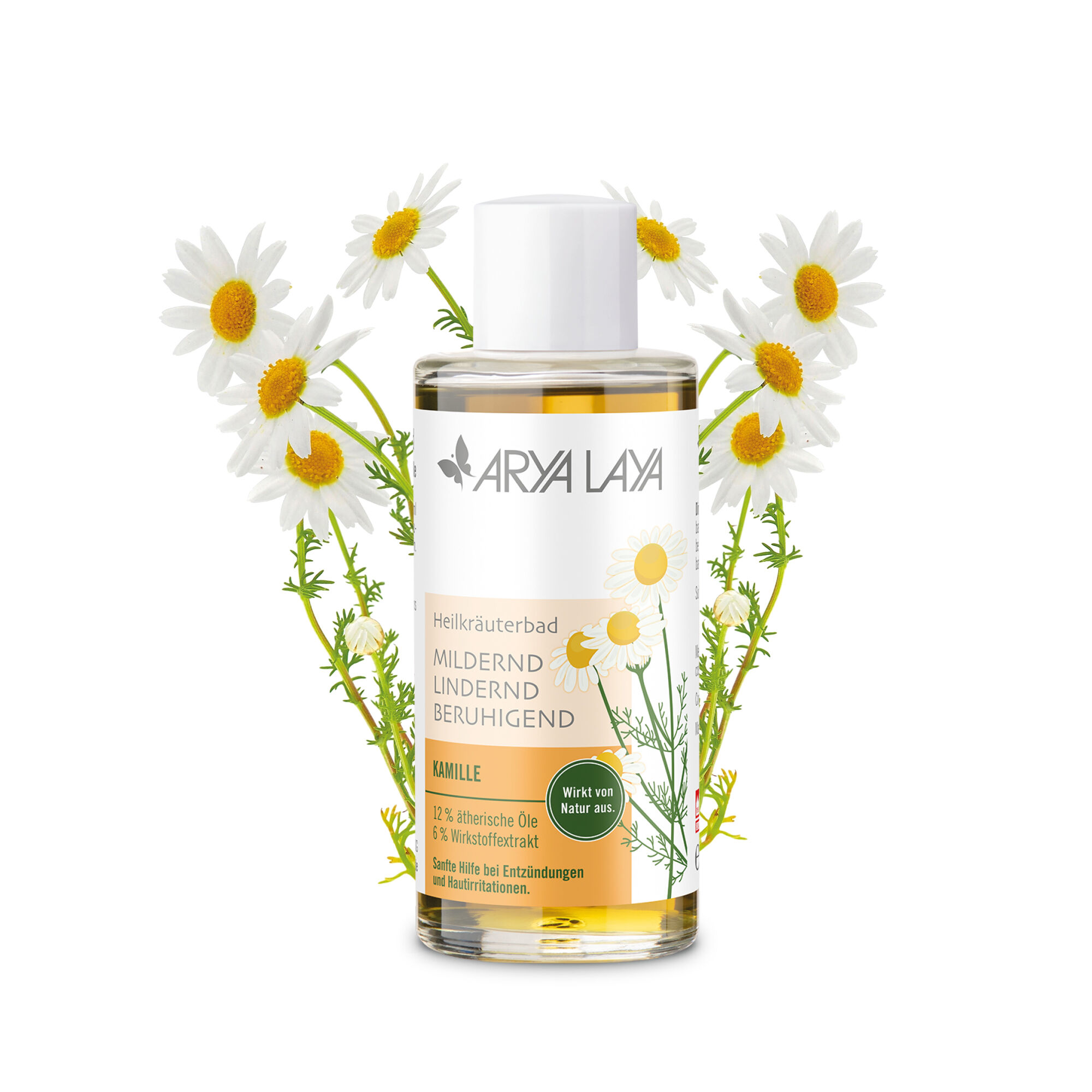 Glasflasche mit ARYA LAYA Heilkräuterbad Kamille - Lindernd, 100 ml