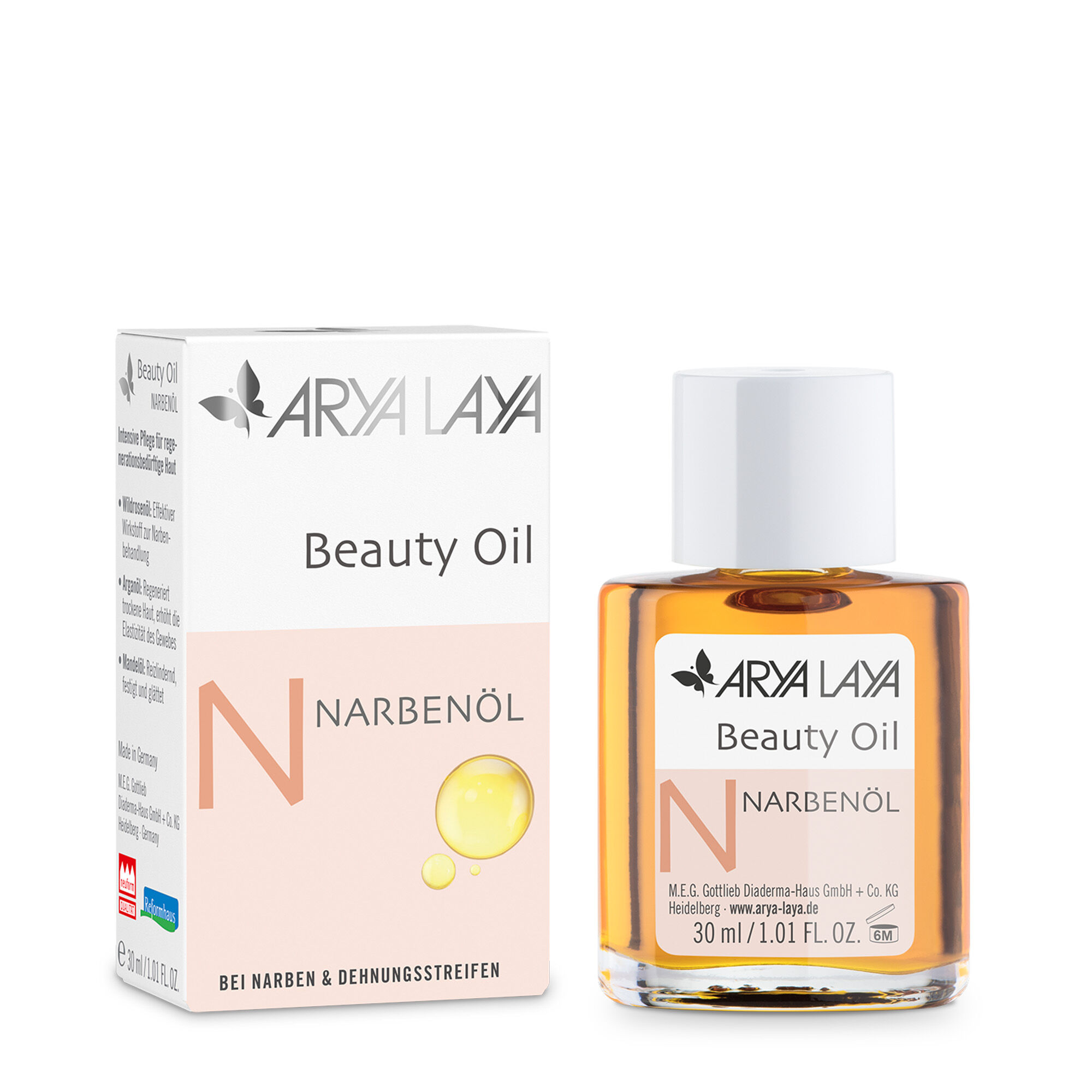 Glasfläschchen und Faltschachtel mit ARYA LAYA Beauty Oil Narbenöl, 30 ml